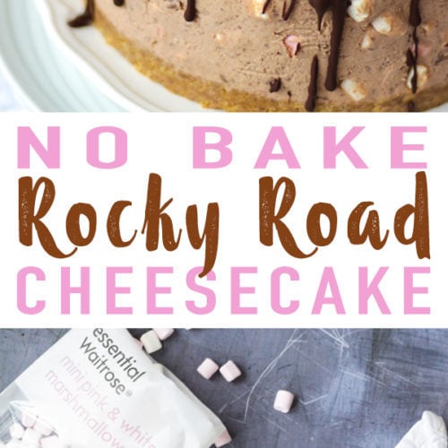 An easy No Bake Rocky Road Cheesecake Recipe - A chocolate cheesecake packed with marshmallows and topped with melted chocolate. No bake buttery biscuit base with cream cheese and whipped cream topping. A delicious dessert cake for any special occasion. Also easily adaptable to be Gluten Free. #tamingtwins #cheesecake #rockyroad #glutenfree #easydesserts