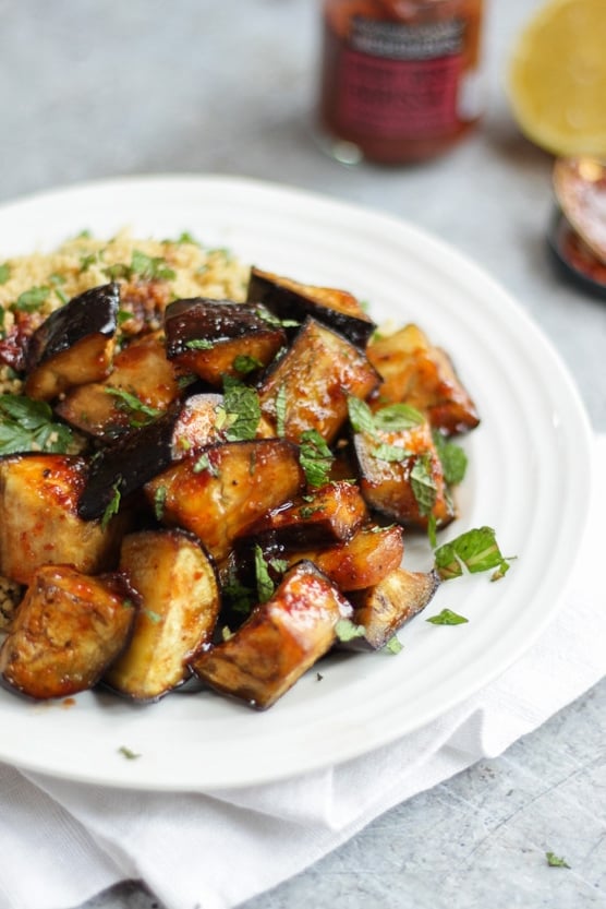 Deliciously simple and healthy vegetarian Spiced Honey Aubergine recipe with Cous Cous from Waitrose Beautifully Simple recipe ideas. #tamingtwins #aubergine #eggplant #vegetarian #couscous