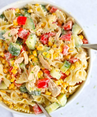 Easy tuna Pasta salad with peppers and corn
