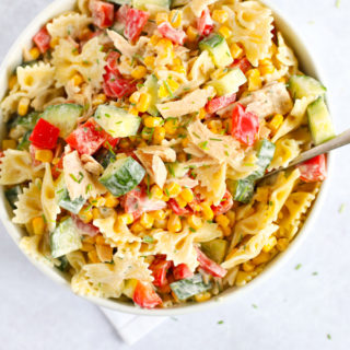 Healthy and quick Tuna Salad with pasta, peppers, sweetcorn and dressing