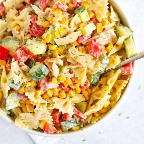 Healthy and quick Tuna Salad with pasta, peppers, sweetcorn and dressing