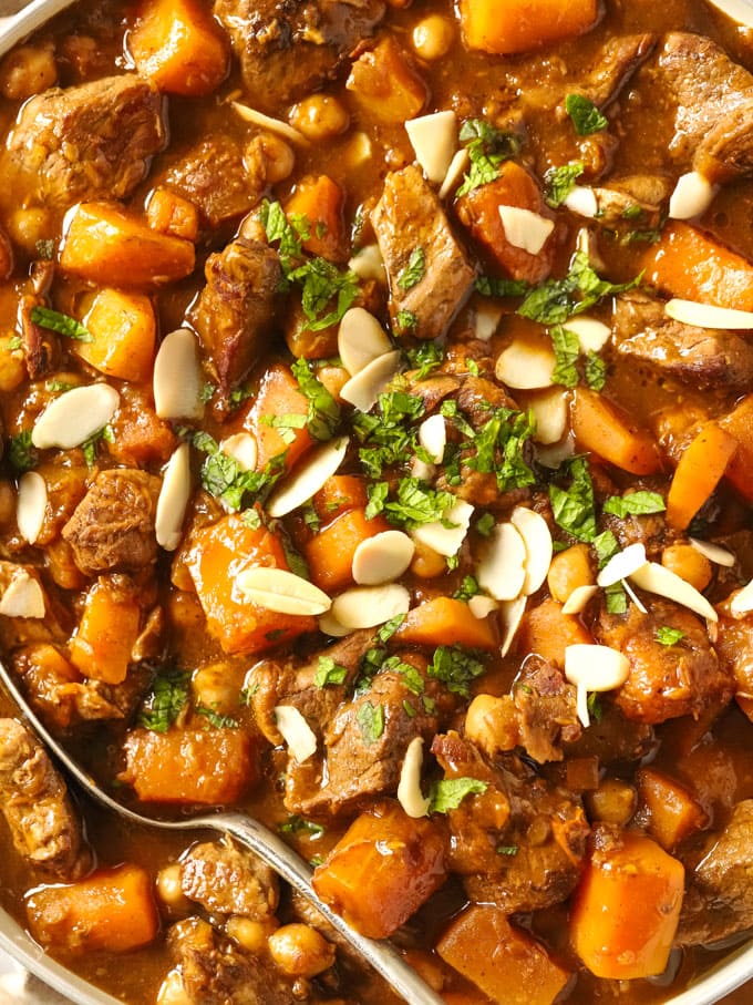 Easy lamb tagine recipe with butternut squash and sprinkled with almonds