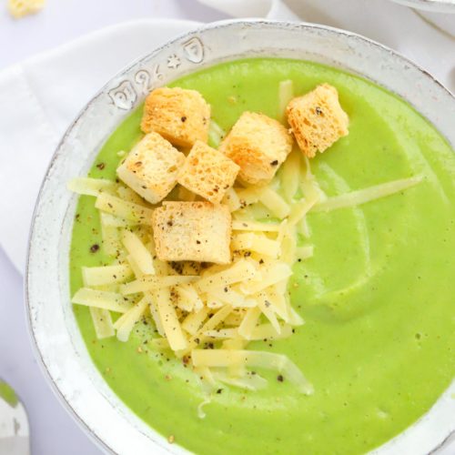 Broccoli and cauliflower soup with cheddar cheese and croutons