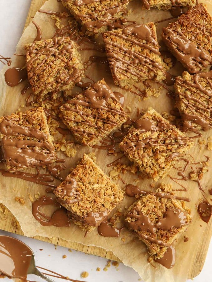 Easy homemade flapjacks drizzled with chocolate