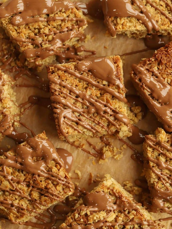 Flapjack with oats, syrup and butter and covered in chocolate