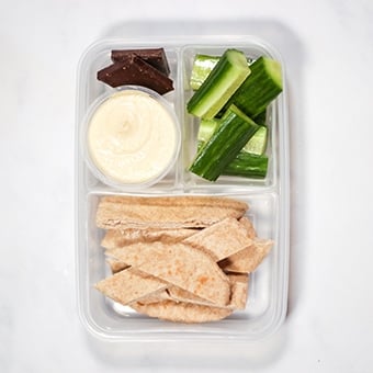 plastic lunchbox healthy lunch idea for work, hummus and pita