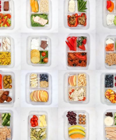 healthy lunch ideas shown in individual compartment lunch boxes