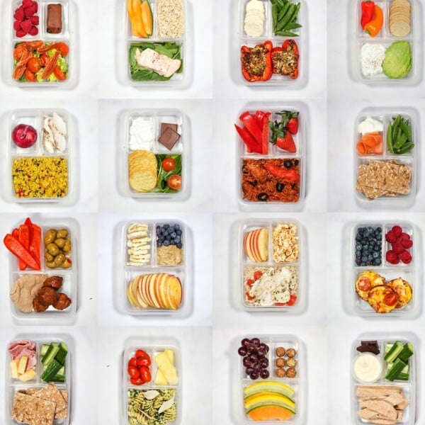 healthy lunch ideas shown in individual compartment lunch boxes