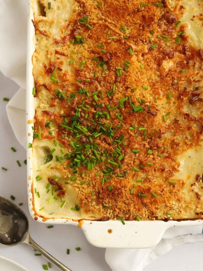 Mashed potato topped casserole with crunchy cheese