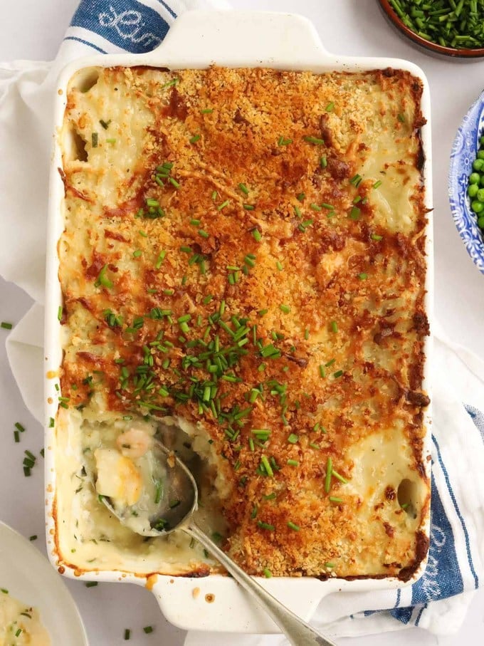 Serving of easy fish pie recipe topped with mash