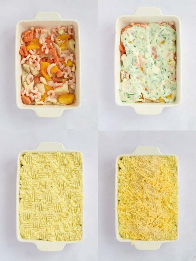 Four stages of building a fish pie from raw.