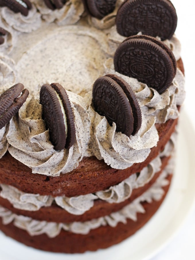 Oreo cake chocolate layer cake topped with cookies and cream birthday cake icing