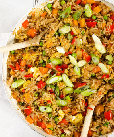 Egg fried rice with spring onions, peppers, onions and chilli