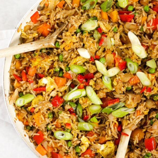Egg fried rice with spring onions, peppers, onions and chilli.