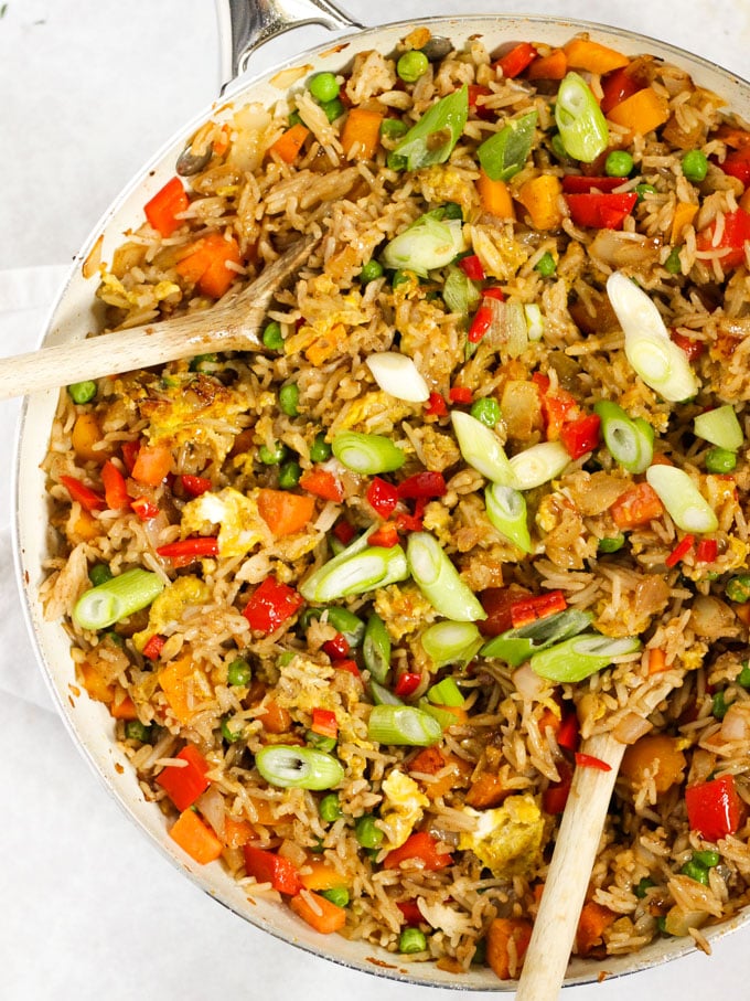 Egg fried rice with spring onions, peppers, onions and chilli.