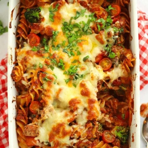An oven dish with Tuna Pasta Bake ready to serve.