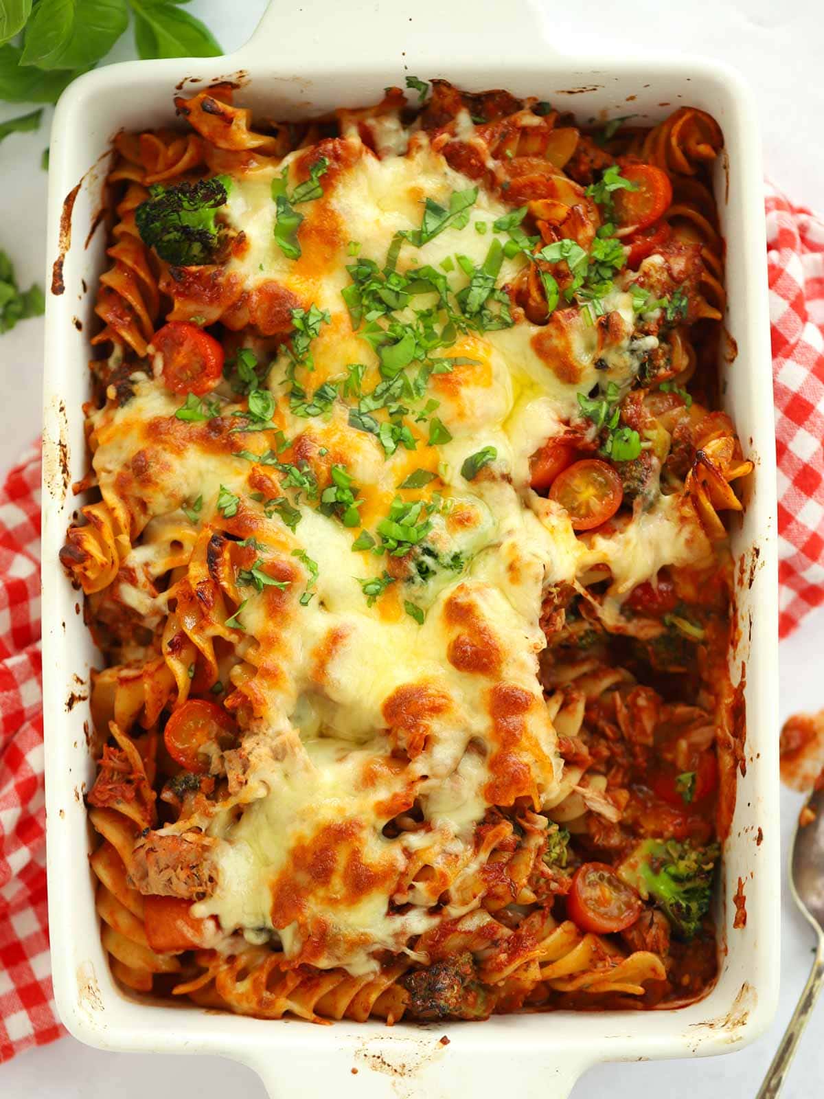 An oven dish with Tuna Pasta Bake ready to serve.