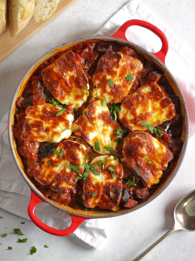 Halloumi Cheese recipe with vegetables in a pan.