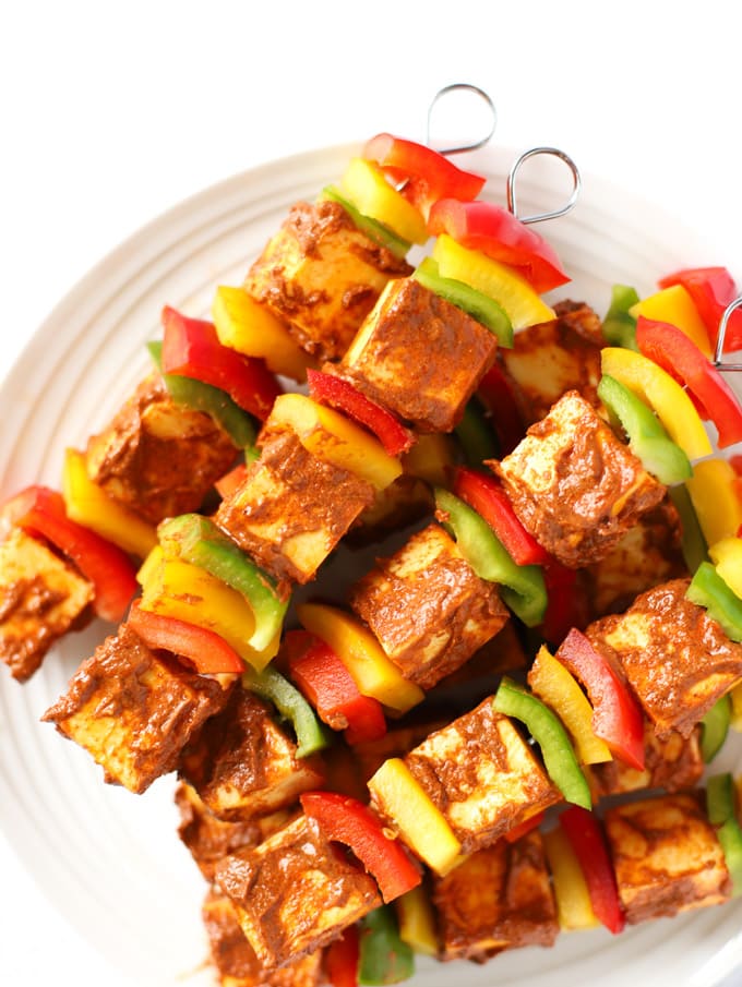 Skewers of spiced peppers and Indian curd cheese