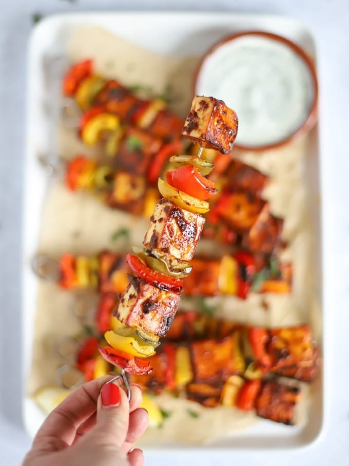 Dry paneer tikka skewers with raita 