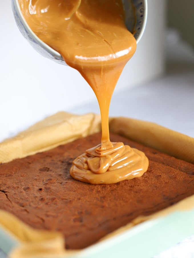 Chocolate brownies with caramel pouring on top