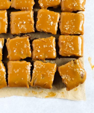 Chocolate brownies topped with caramel and sea salt