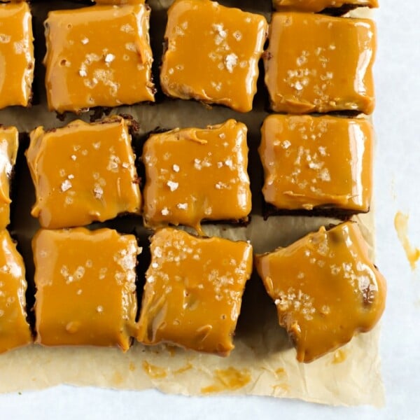 Chocolate brownies topped with caramel and sea salt