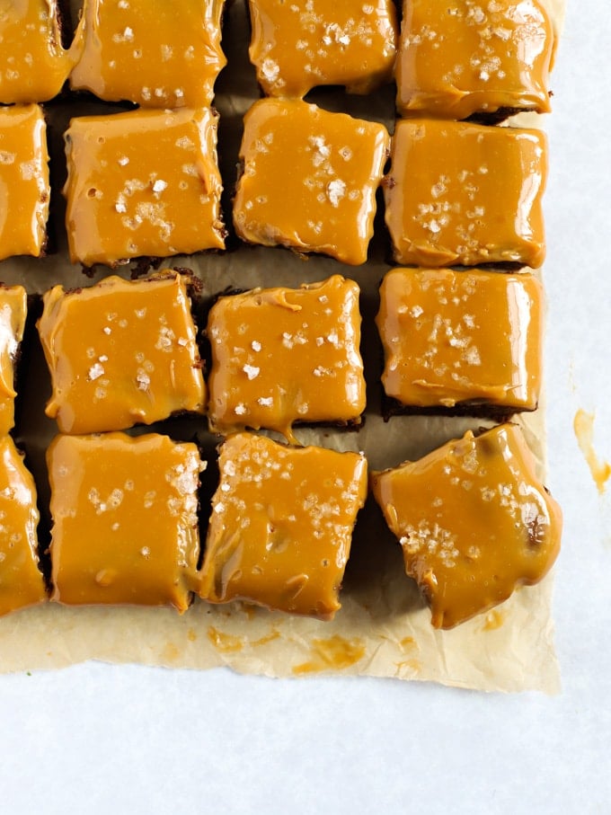 Chocolate brownies topped with caramel and sea salt
