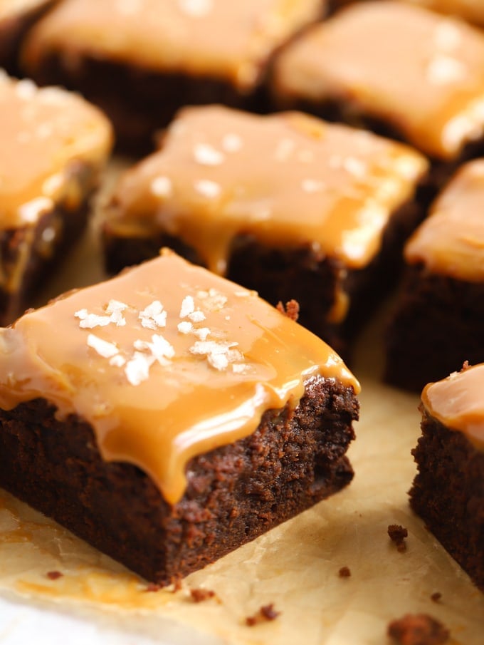 Squares of salted caramel brownies