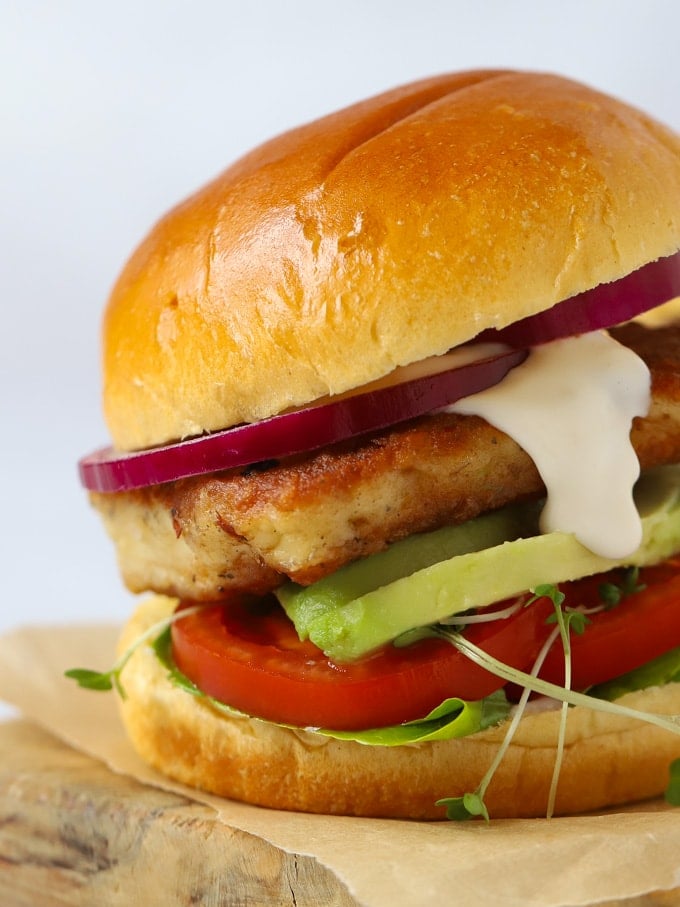 Halloumi burger with sweet chilli mayo in a brioche bun.