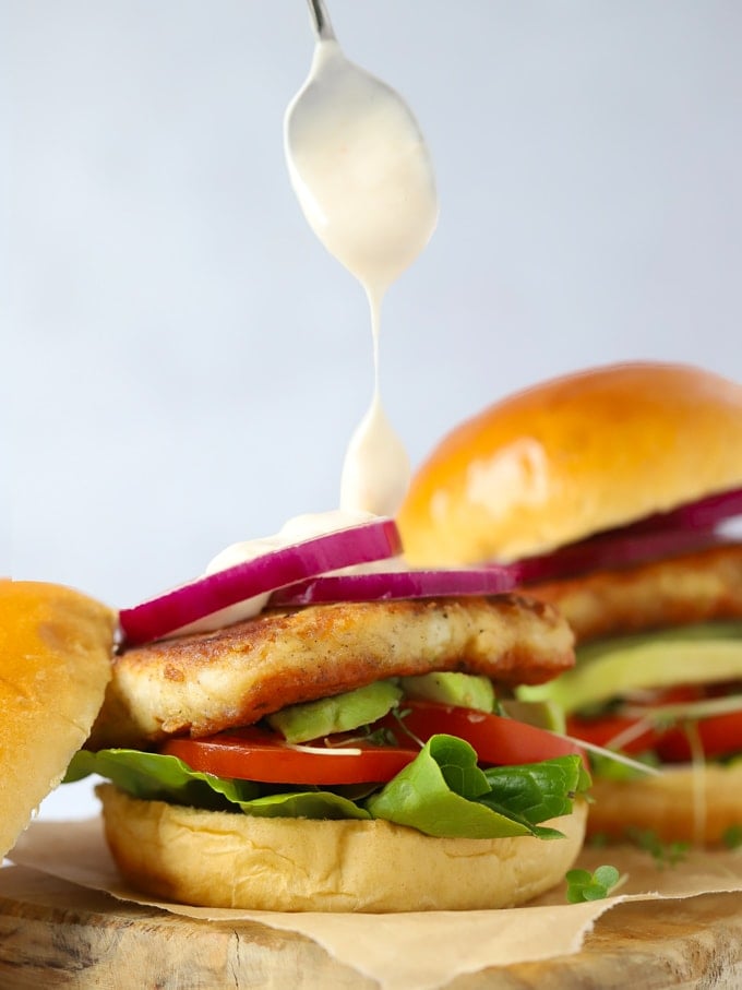 Easy Halloumi burgers in a brioche bun with sweet chilli mayonnaise sauce