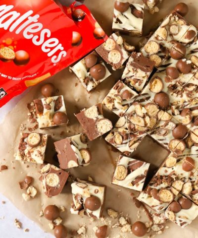 Malteaser fudge cubes with white chocolate