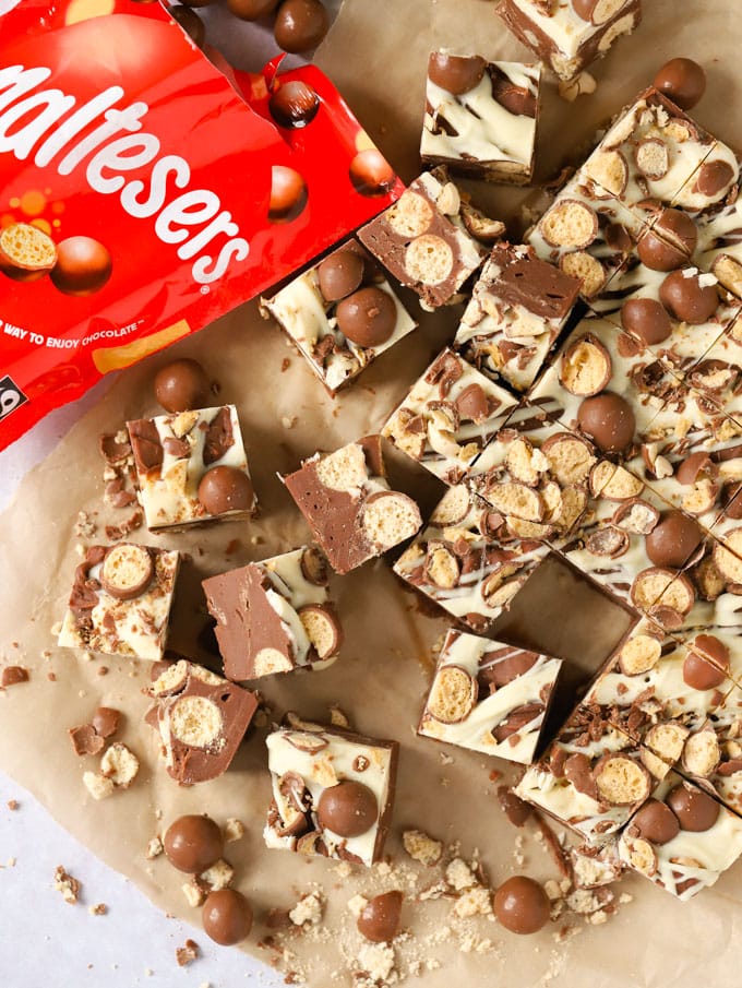 Malteaser fudge cubes with white chocolate