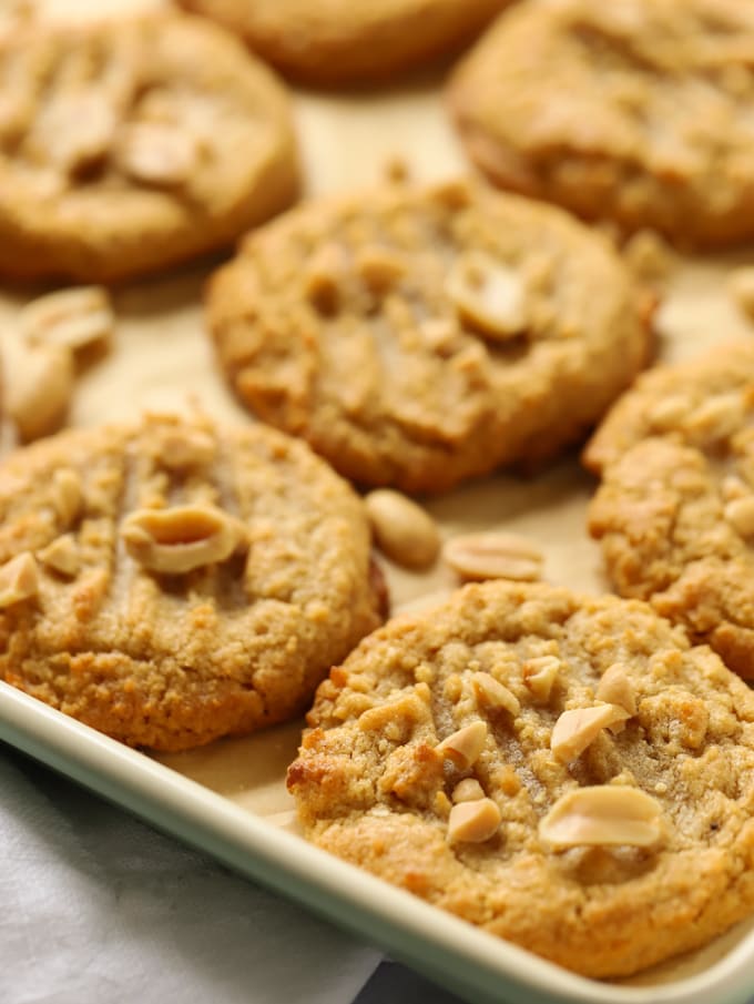 Freshly cooked nut biscuits on a baking tray