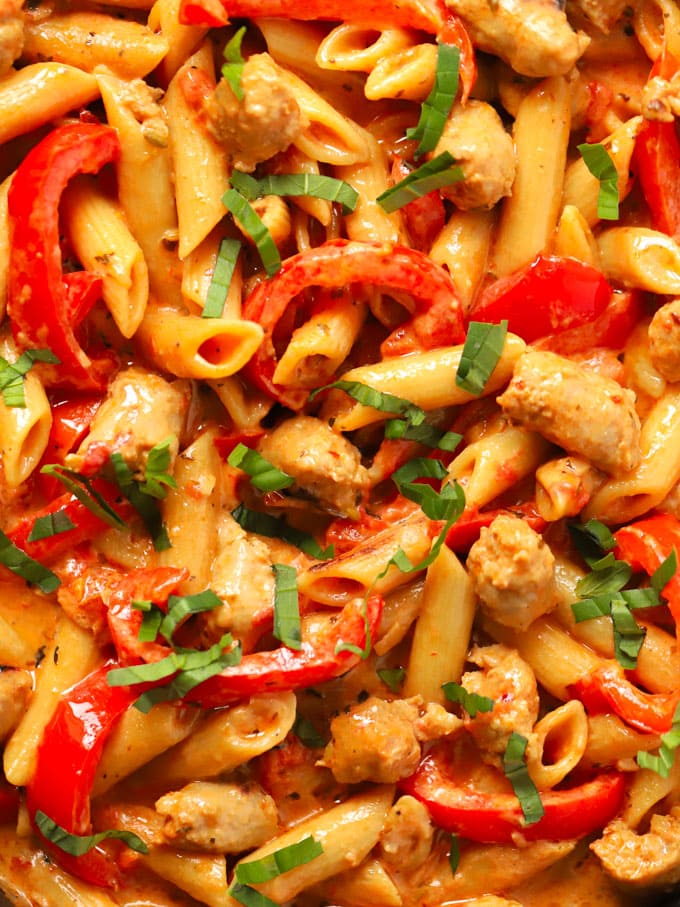 Penne and sausage one pot past recipe with a creamy sauce and peppers.