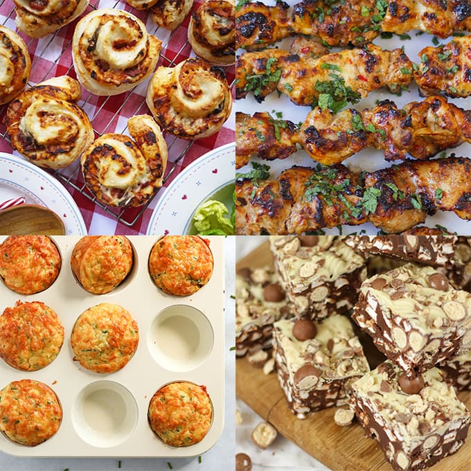 Picnic ideas for kids including muffins, kebabs and pizza