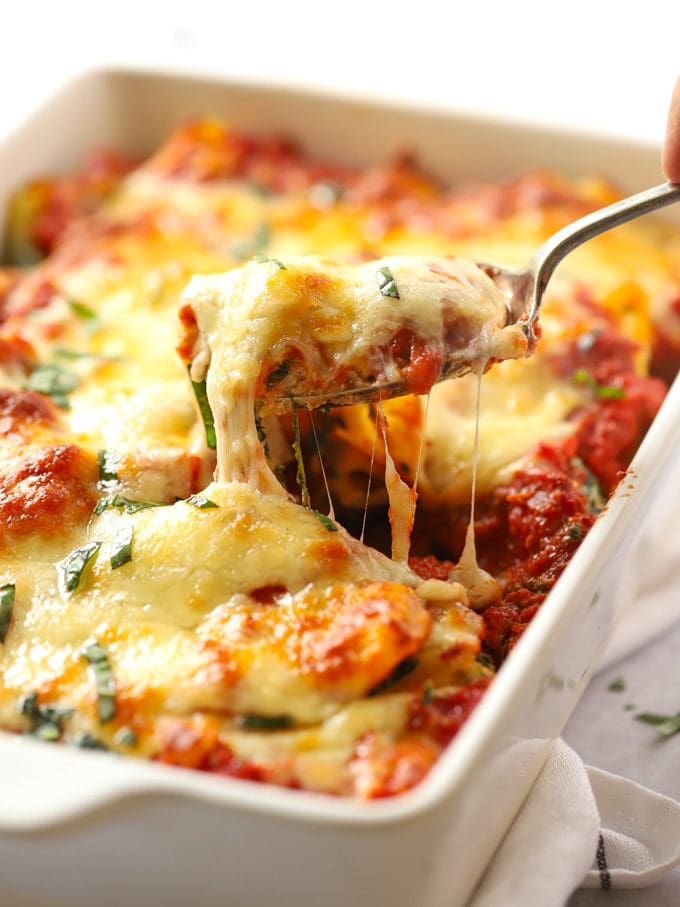 Cheese pulling from a Spinach and Ricotta Pasta Bake recipe.