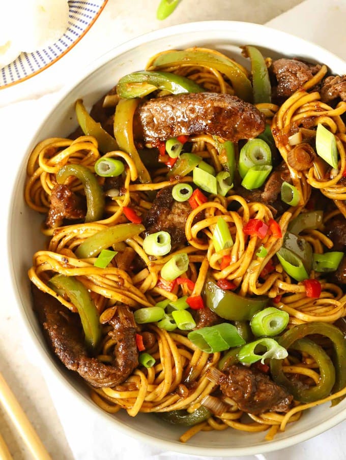Easy beef stir fry recipe with sticky sauce and noodles