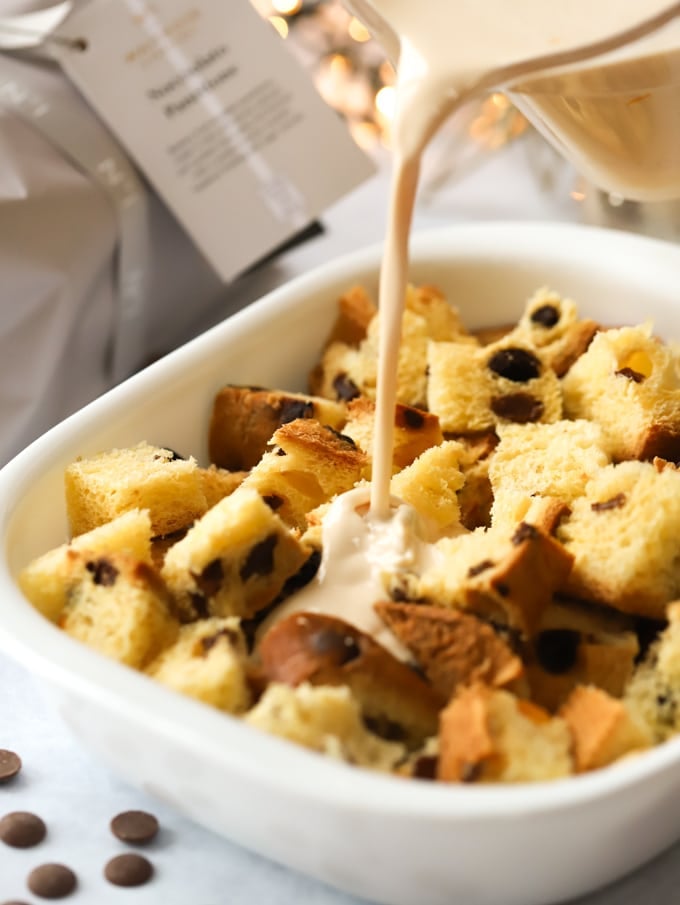 How to make panettone bread and butter pudding, cubes of dry sweet bread with egg mixture pouring on