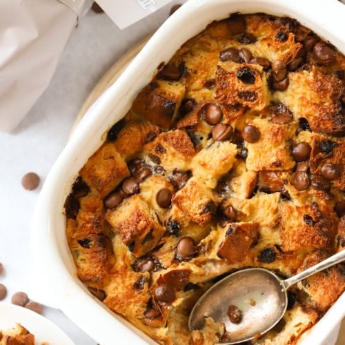 Panettone Bread and Butter pudding with baileys for Christmas dessert with chocolate chips