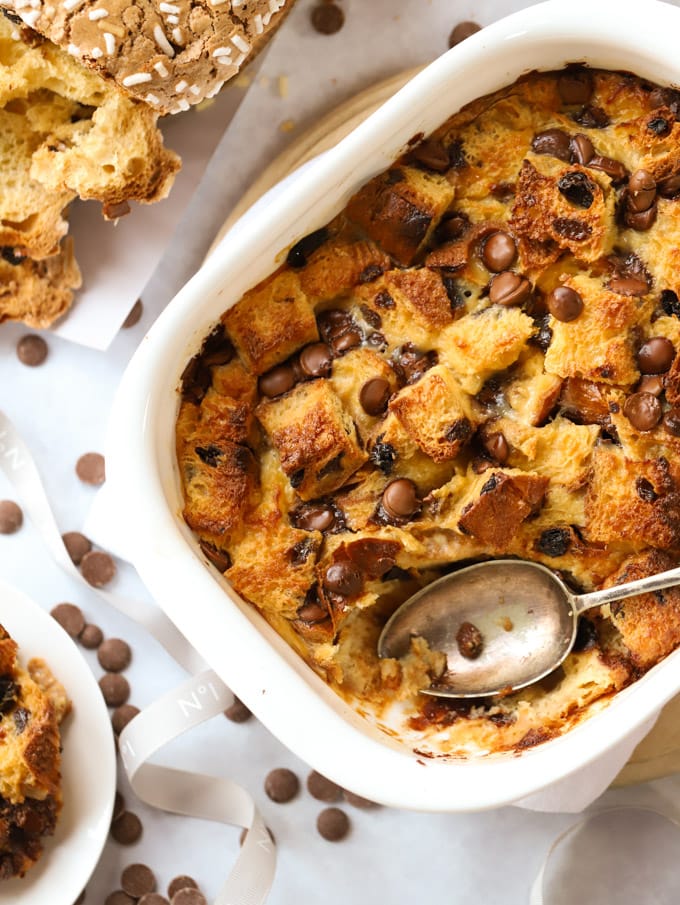 Panettone Bread and Butter pudding with baileys for Christmas dessert with chocolate chips