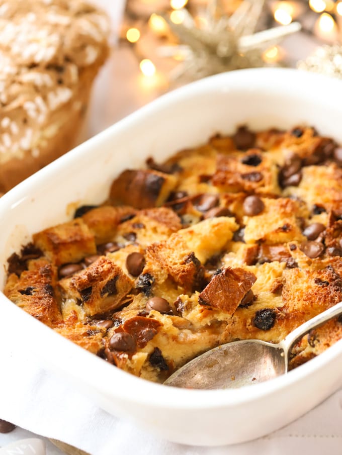 Chocolate chip panettone Christmas bread and butter pudding in a white dish