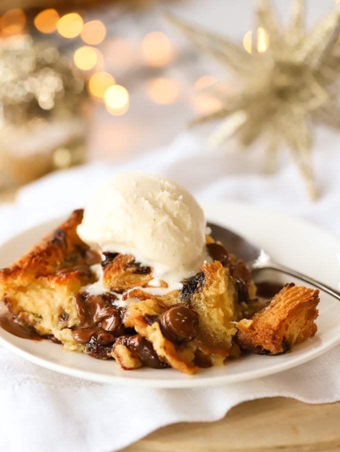 Panettone bread and butter pudding with chocolate chips and melting ice cream on top