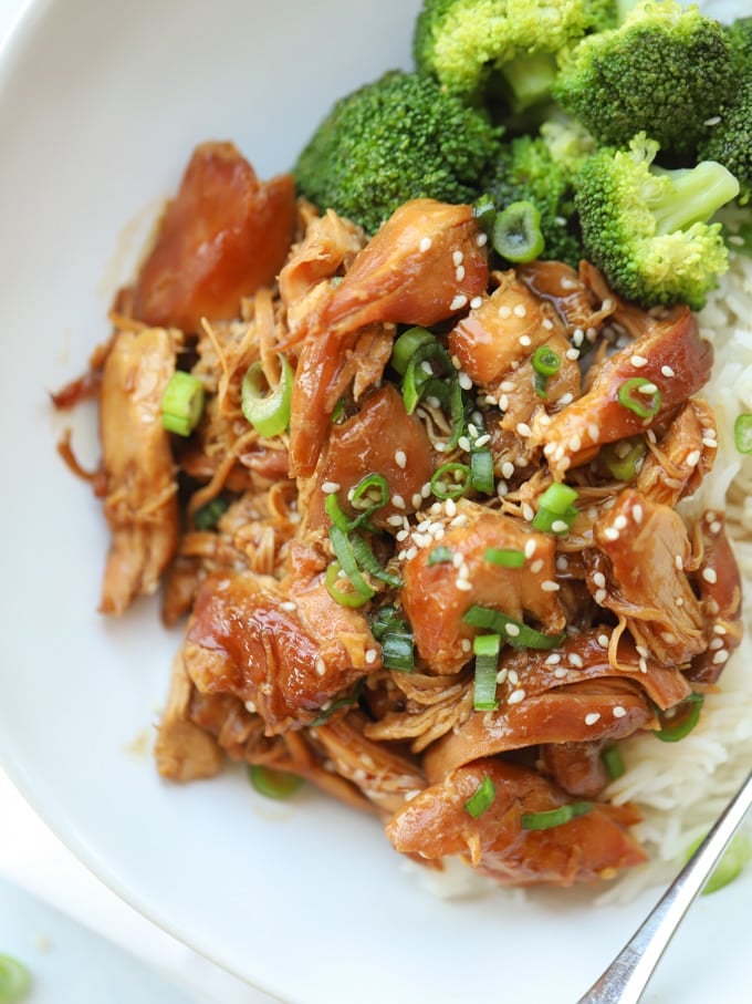 Honey Garlic Chicken thighs with rice and broccoli.