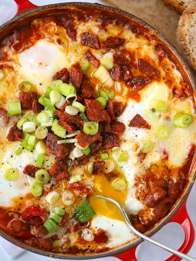 Easy Shakshuka with chorizo and cheddar cheese.