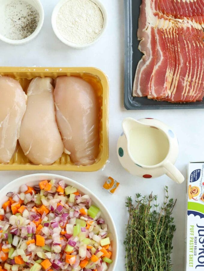 Ingredients for an easy chicken pie laid out on a counter top.