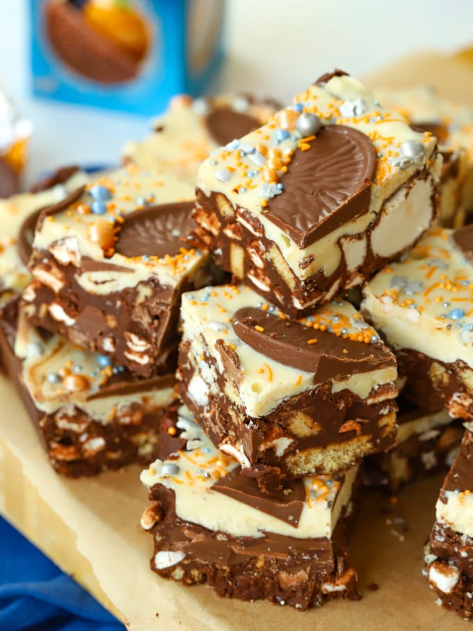 Chocolate Orange Rocky Road squares in a pile