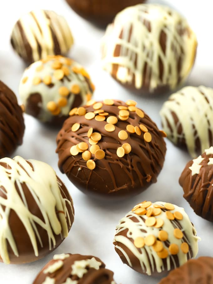 Hot chocolate bombs with milk chocolate.