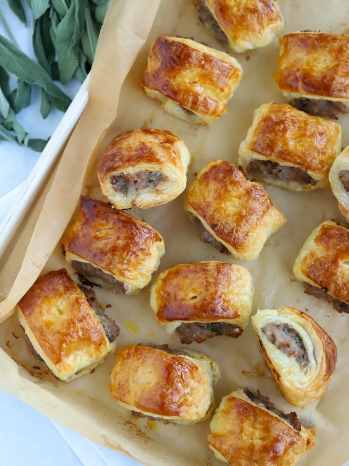 Easy sausage rolls on a baking sheet