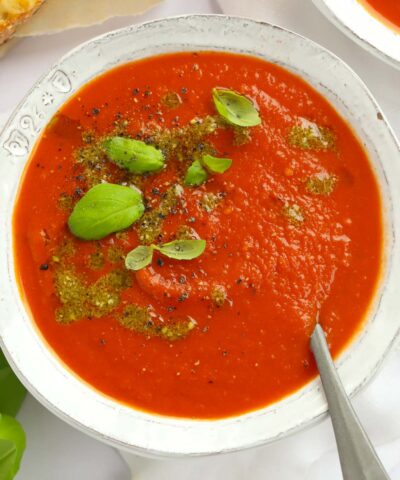Simple and easy Tomato Soup topped with pesto.